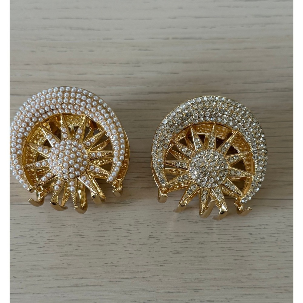 Gold Celestial Sun Moon Hair Claw Clip Set Pearl Rhinestone 2pc Small Clips